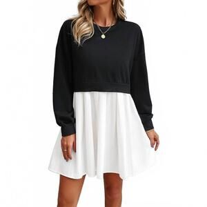 NEW SUPREME FASHION solid drop shoulder ruched fit patchwork dress in black and